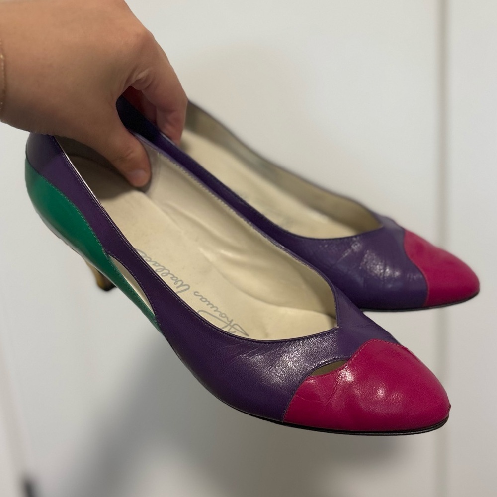 Vintage Colorblock Leather Pointed Toe Slip On Low‎ Kitten Heel Women's Size 6